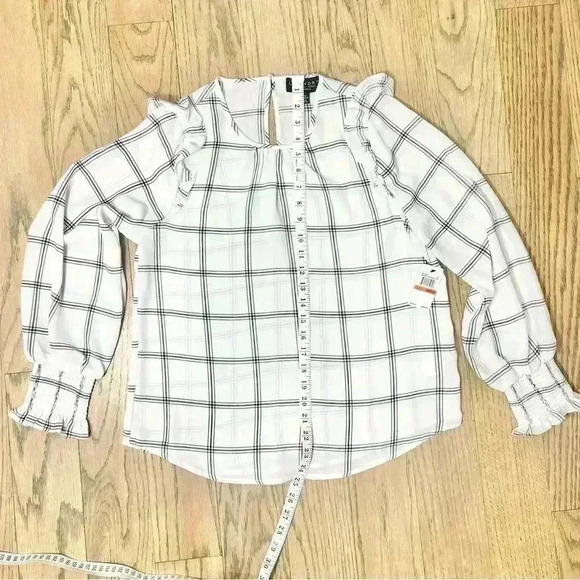 LAUNDRY BY SHELLI SEGAL Windowpane Check Blouse White Navy Blue Size X-Small - Picture 8 of 11